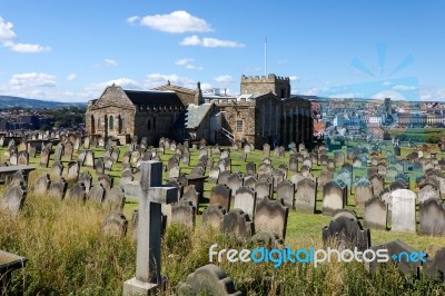 Whitby, North Yorkshire/uk - August 22 : Whitby Church And Graveyard In North Yorkshire On August 22, 2010. Unidentified People Stock Photo