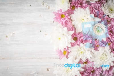 White And Pink Flower On The White Wooden Table Stock Photo