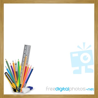 White Board And Object Tool For Office Stationery And School. Pencil With Eraser And Ruler On A White Background Stock Image