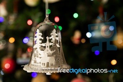 White Church In Glass Bell Shape Ornament Hanging On Christmas Tree Stock Photo