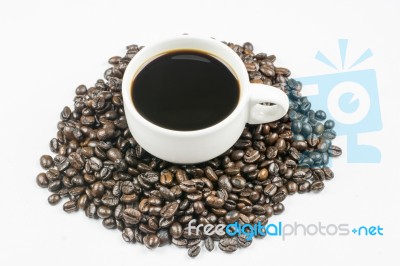 White Cup Of Coffee On Beans Stock Photo