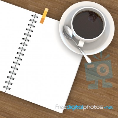 White Cup Of Hot Coffee And White Sketch Book On Wood Table Stock Image