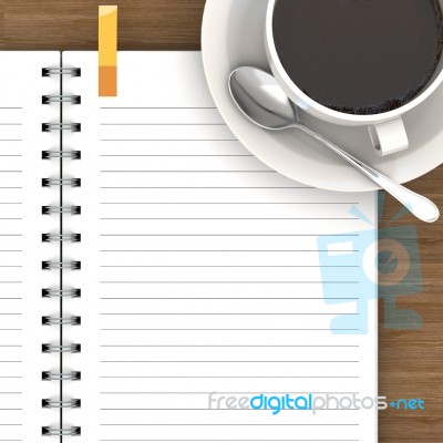 White Cup Of Hot Coffee And White Sketch Book On Wood Table Stock Image