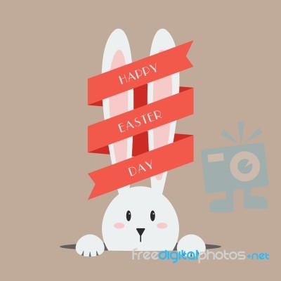 White Easter Rabbit With Red Ribbon Stock Image