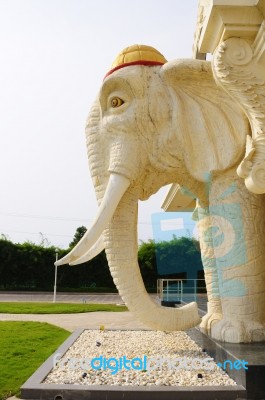 White Elephant Statue Decorated In Front Of The Building Stock Photo