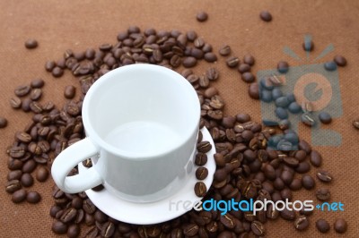 White Empty Cup And Coffee Beans Stock Photo