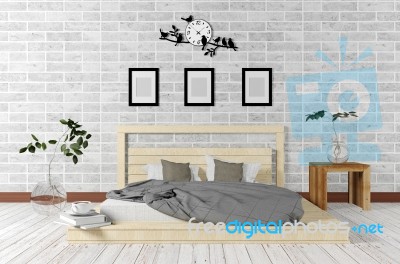 White Minimal And Loft Style Bedroom Interior In Simple Living Concept Stock Image