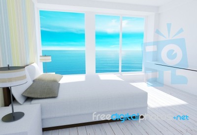 White Modern Loft Bedroom Interior With Sea View Stock Image