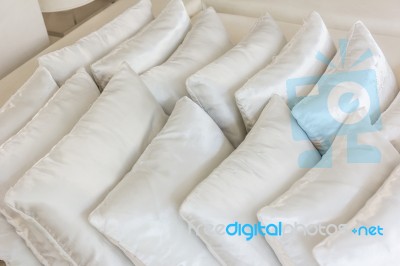 White Pillows On Bed Close Up Stock Photo