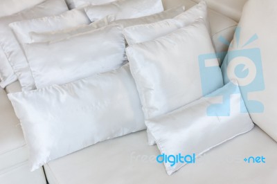 White Pillows On Bed Close Up Stock Photo