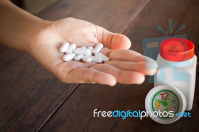 White Pills Medicine Headache On Hand Stock Photo