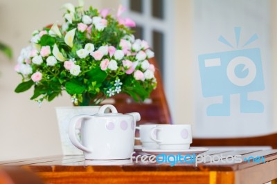 White Porcelain Set For Tea Or Coffee On Wooden Table At Home Ex… Stock Photo