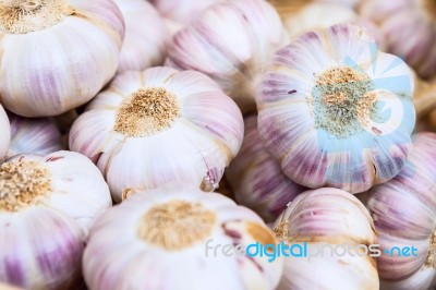 White Purple Italian Garlic Heads On Display For Sale At Farmers… Stock Photo