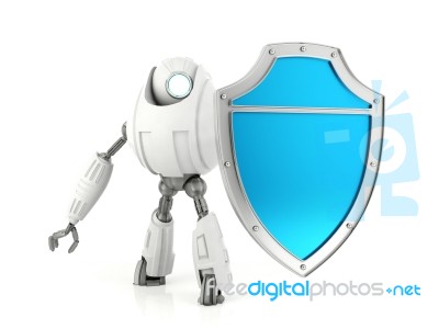 White Robot Holding Blue Shield Stock Image