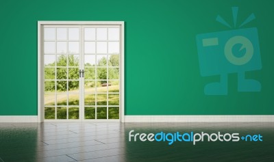 White Room Door On Green Wall Background Stock Image