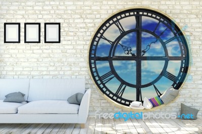 White Room Interior In Minimalist Decoration With Round Metal Clockwork Window Stock Image