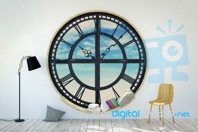 White Room Interior In Minimalist Decoration With Round Metal Clockwork Window Stock Image