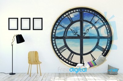 White Room Interior In Minimalist Decoration With Round Metal Clockwork Window Stock Image