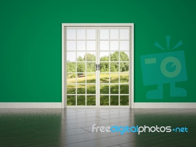 White Rrom Door On Green Wall Background Stock Image