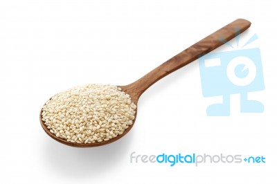 White Sesame On Wood Spoon Stock Photo