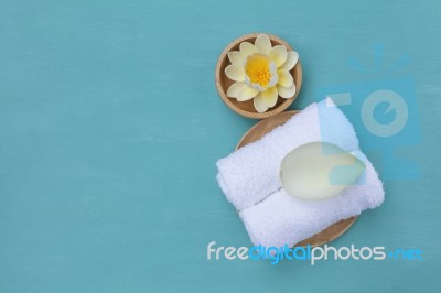 White Towel With Lotus Leaf Stock Photo