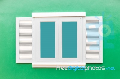 White Window Classic Vintage On The Color Green Wall Background Stock Photo