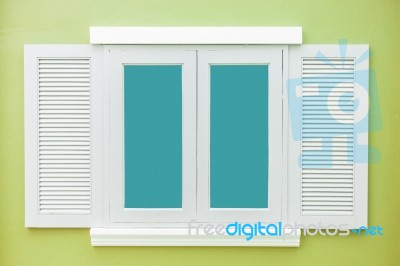 White Window Classic Vintage On The Color Light Green Wall Background Stock Photo