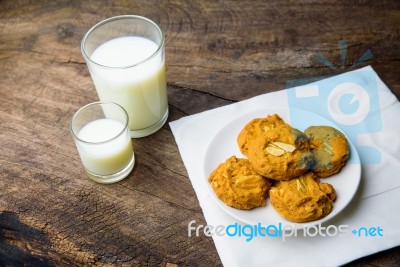 Whole Wheat Almond Cookies With A Glass Of Milk Stock Photo