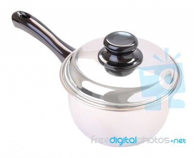 Wide Black Handle Closed Round Stainless Pot On White Background… Stock Photo