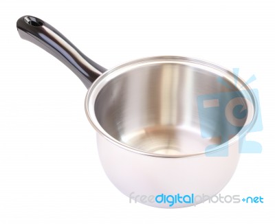 Wide Black Handle Round Stainless Pot On White Background Stock Photo