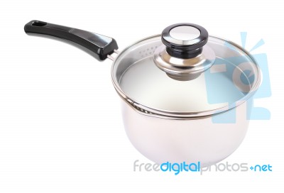 Wide Glass Cover Black Handle Pot On White Background Stock Photo