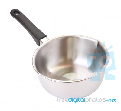 Wide Of Black Handle Stainless Steel Pot On White Background Stock Photo