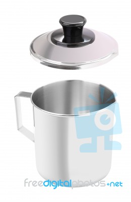 Wide Stainless Gutter Cup With Open Cover On White Background Stock Photo