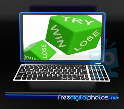 Win, Try, Lose Dices On Laptop Shows Gambling Stock Image