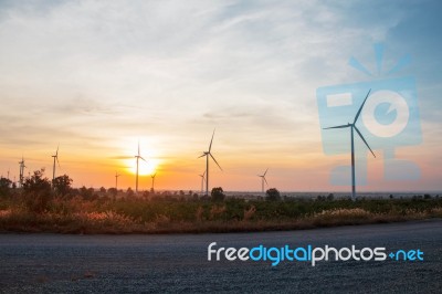 Wind Farm With Sunrise Stock Photo