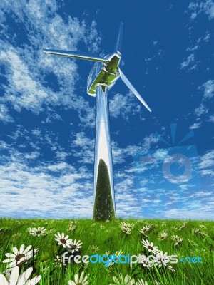 Wind Turbine In Grass And Flowers Stock Image