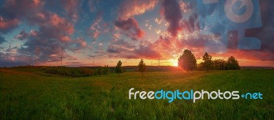 Wind Turbines At The Sunset Stock Photo