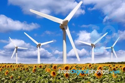 Windmill In A Field Of Sunflowers Stock Photo