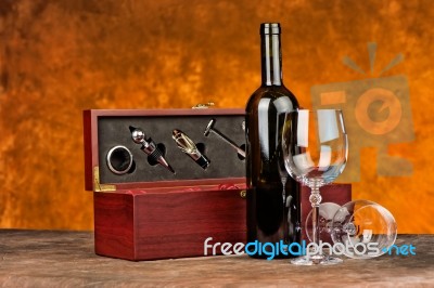 Wine Case With Wine Bottle Stock Photo