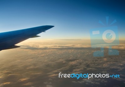 Wing Aircraft At Sunset Stock Photo