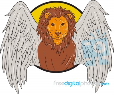 Winged Lion Head Circle Drawing Stock Image