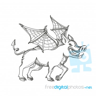 Winged Wild Boar Doodle Art Stock Image