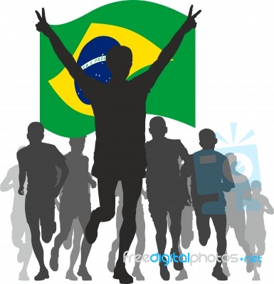 Winner With The Brazil Flag At The Finish Stock Image