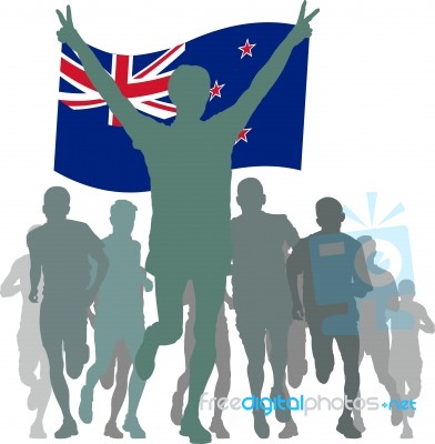 Winner With The New Zealand Flag At The Finish Stock Image