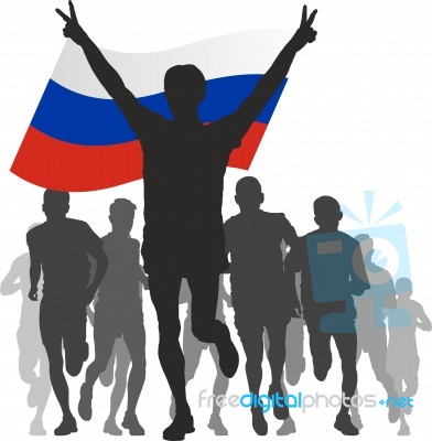 Winner With The Russia Flag At The Finish Stock Image