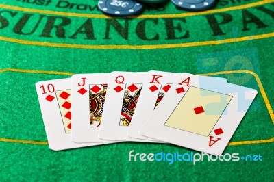 Winning Poker Game With Royal Straight Flush Stock Photo