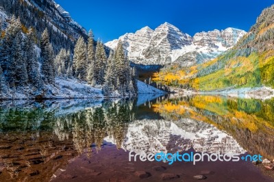 Winter And Fall Foliage At Maroon Bells, Co Stock Photo