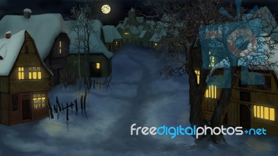 Winter Landscape Of Old Dutch Village At Night Stock Image