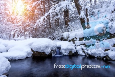 Winter Landscape, Waterfall And River On The Forest In Winter Stock Photo