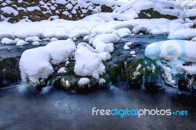 Winter Landscape, Waterfall And River On The Forest In Winter Stock Photo